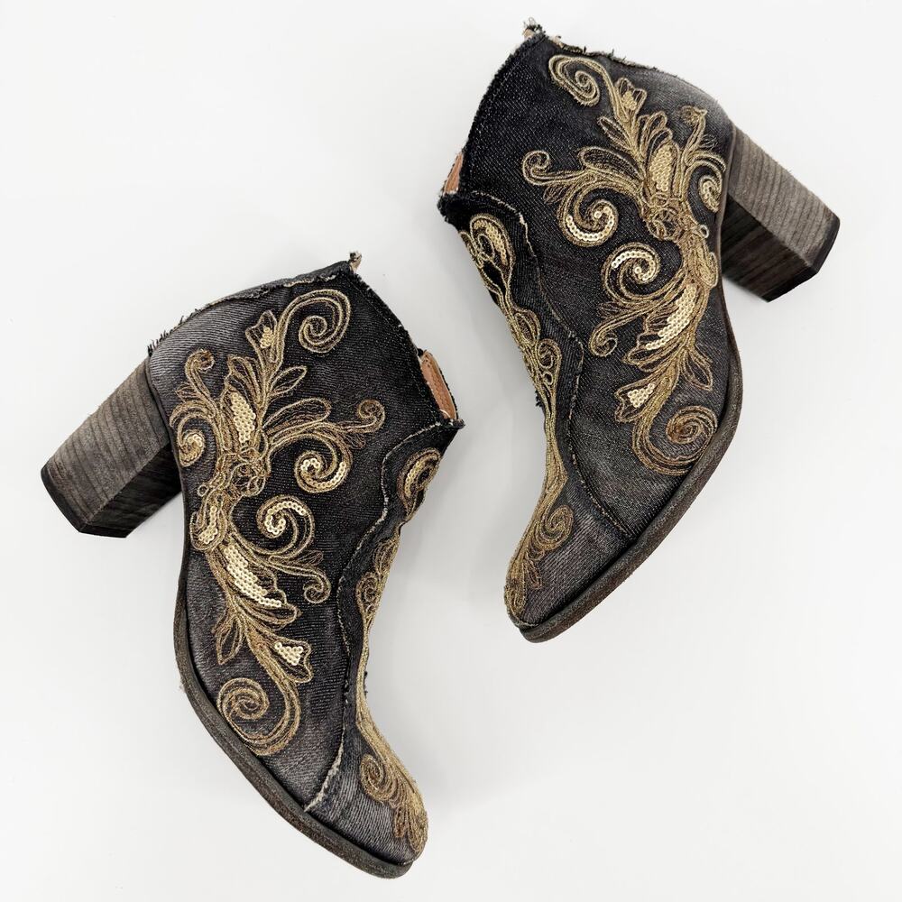 Marco Delli Luxury Denim Western Boots Gold Embroidered Ankle Booties 38 Dallas